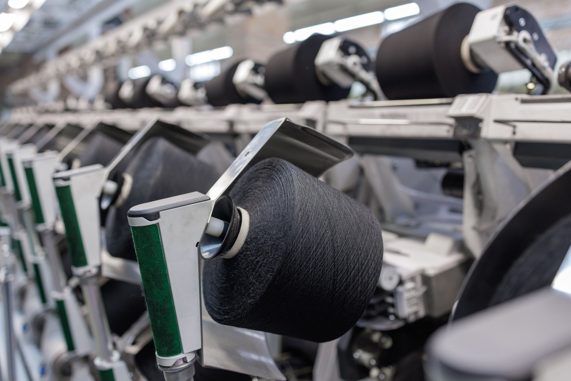 Modern Spinning Line for Yarn Production Closeup Automated Textile Industry Manufacturing Process